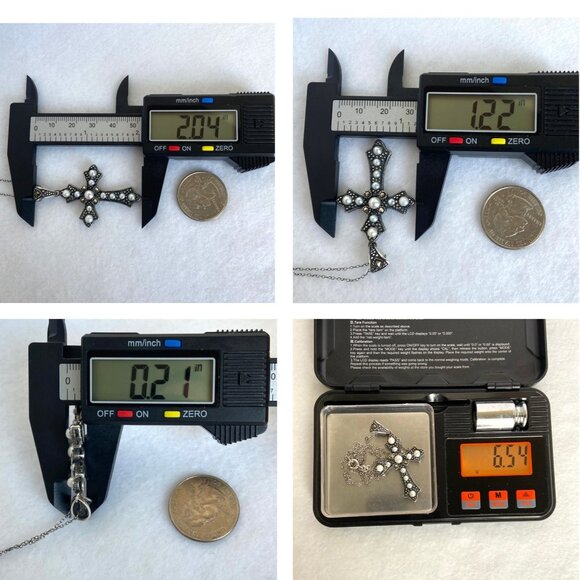 Oxidized Sterling Silver 925 Pearl Marcasite Cross Pendant Necklace 19.5" Chain - Picture 11 of 16